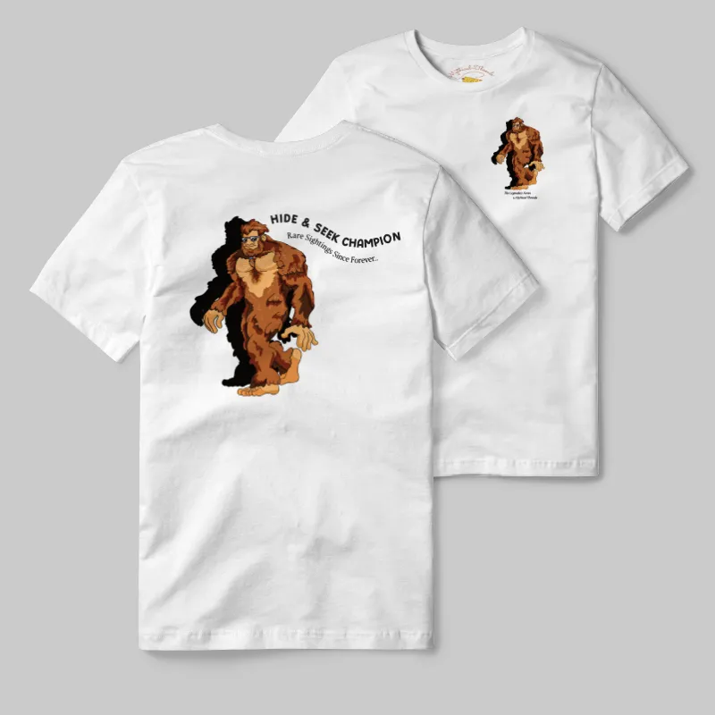 White T-shirt with Bigfoot walking graphic