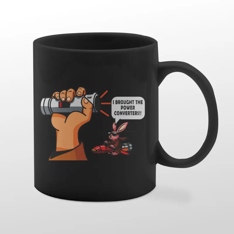 Black mug with power converters graphic