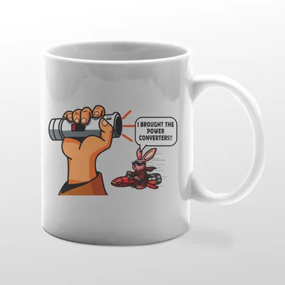 White mug with power converters graphic