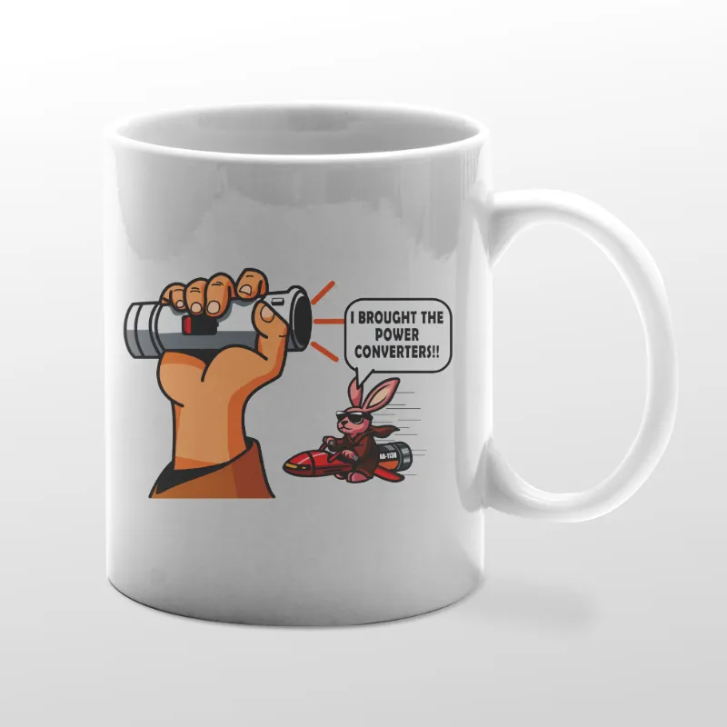 White mug with power converters graphic