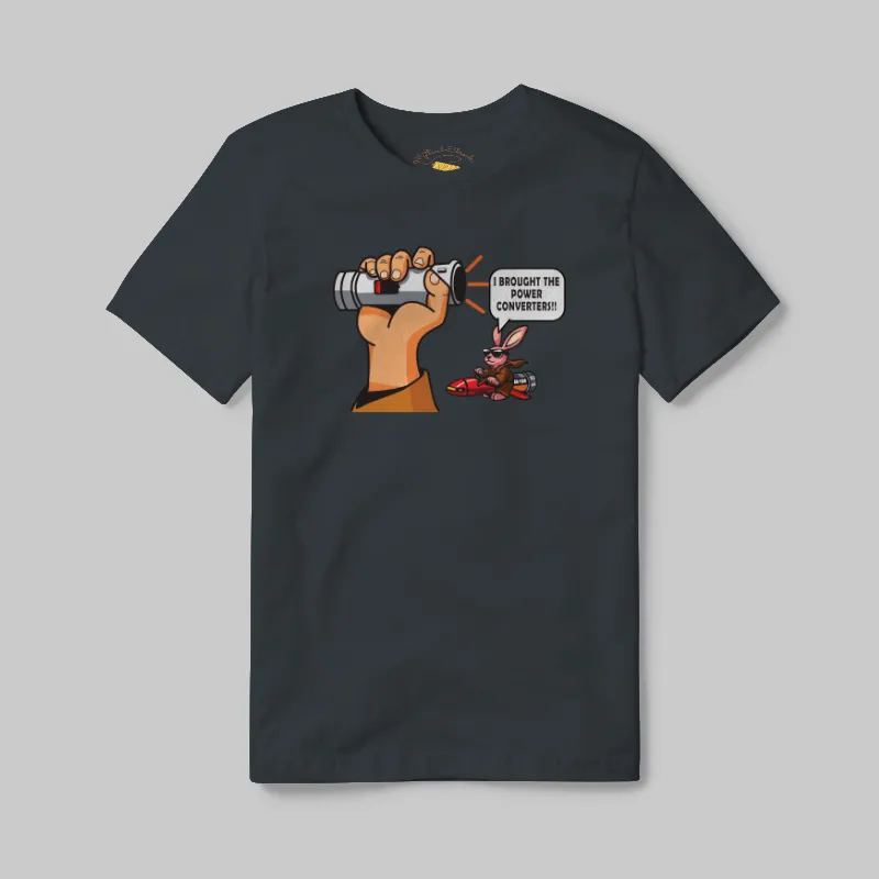 Charcoal T-shirt with Dead Lightsaber Power Converters graphic
