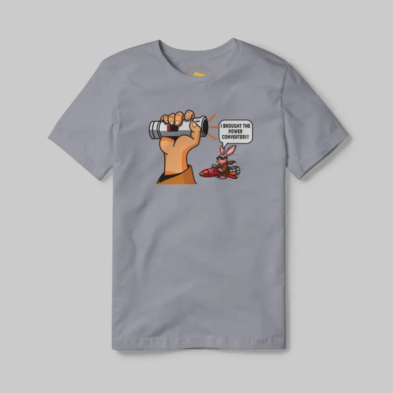 Grey T-shirt with Dead Lightsaber Power Converters graphic