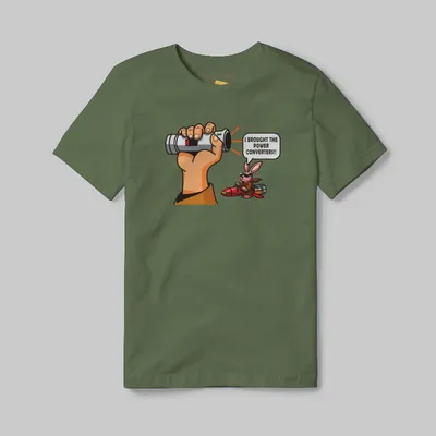 Olive T-shirt with Dead Lightsaber Power Converters graphic