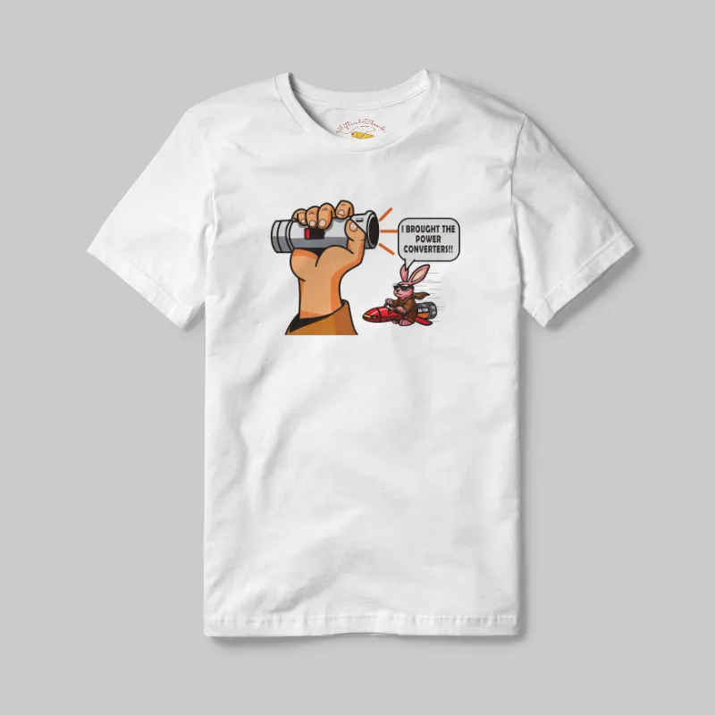 White T-shirt with Dead Lightsaber Power Converters graphic