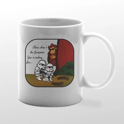 White mug with Bigfoot birdwatching graphic