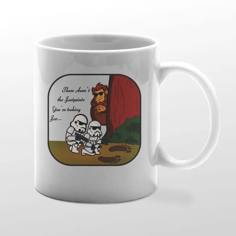 White mug with Bigfoot birdwatching graphic