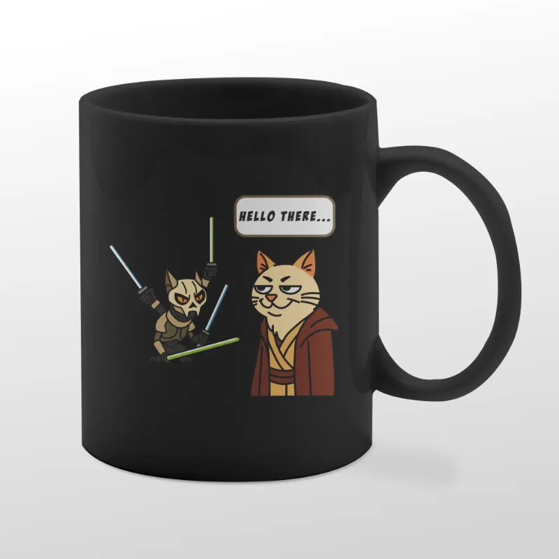 Black mug with Hello There graphic