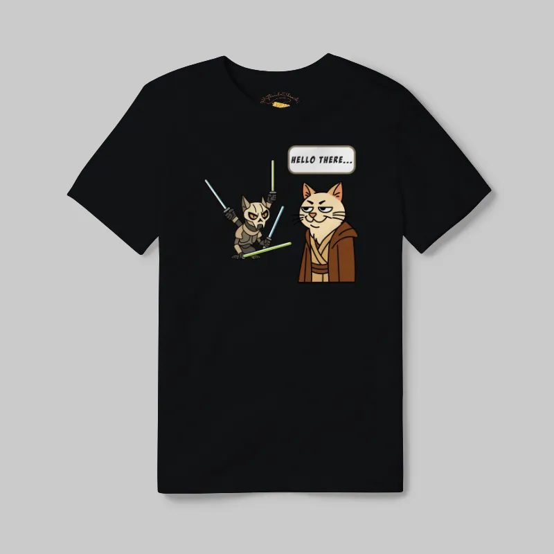 Black T-shirt with Cat Wars Hello There graphic