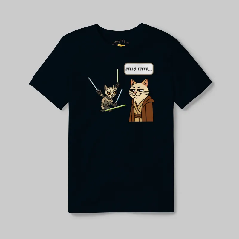 Black Heather T-shirt with Cat Wars Hello There graphic