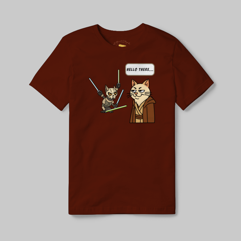 Maroon T-shirt with Cat Wars Hello There graphic
