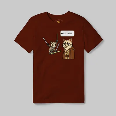 Maroon T-shirt with Cat Wars Hello There graphic
