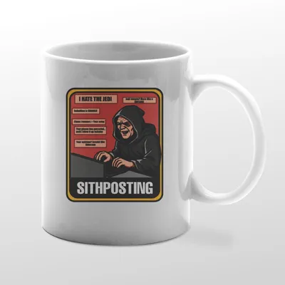 White mug with Sithposting graphic
