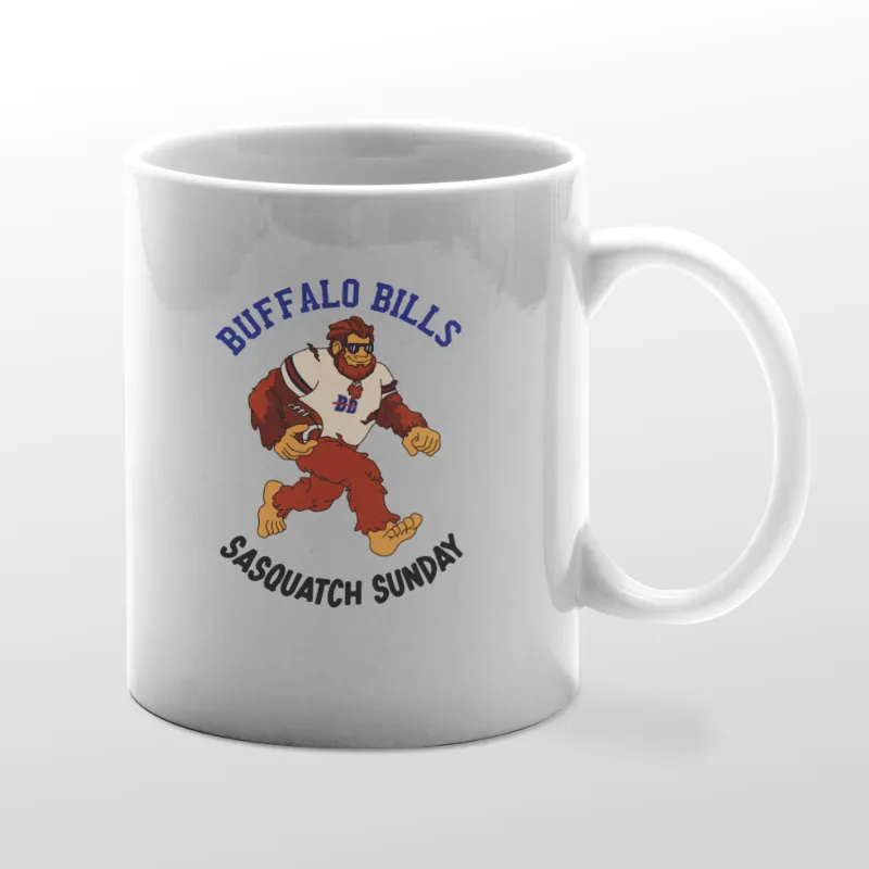 White mug with Bigfoot birdwatching graphic