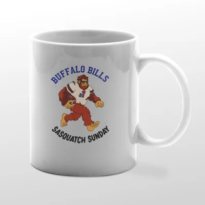 White mug with Bigfoot birdwatching graphic