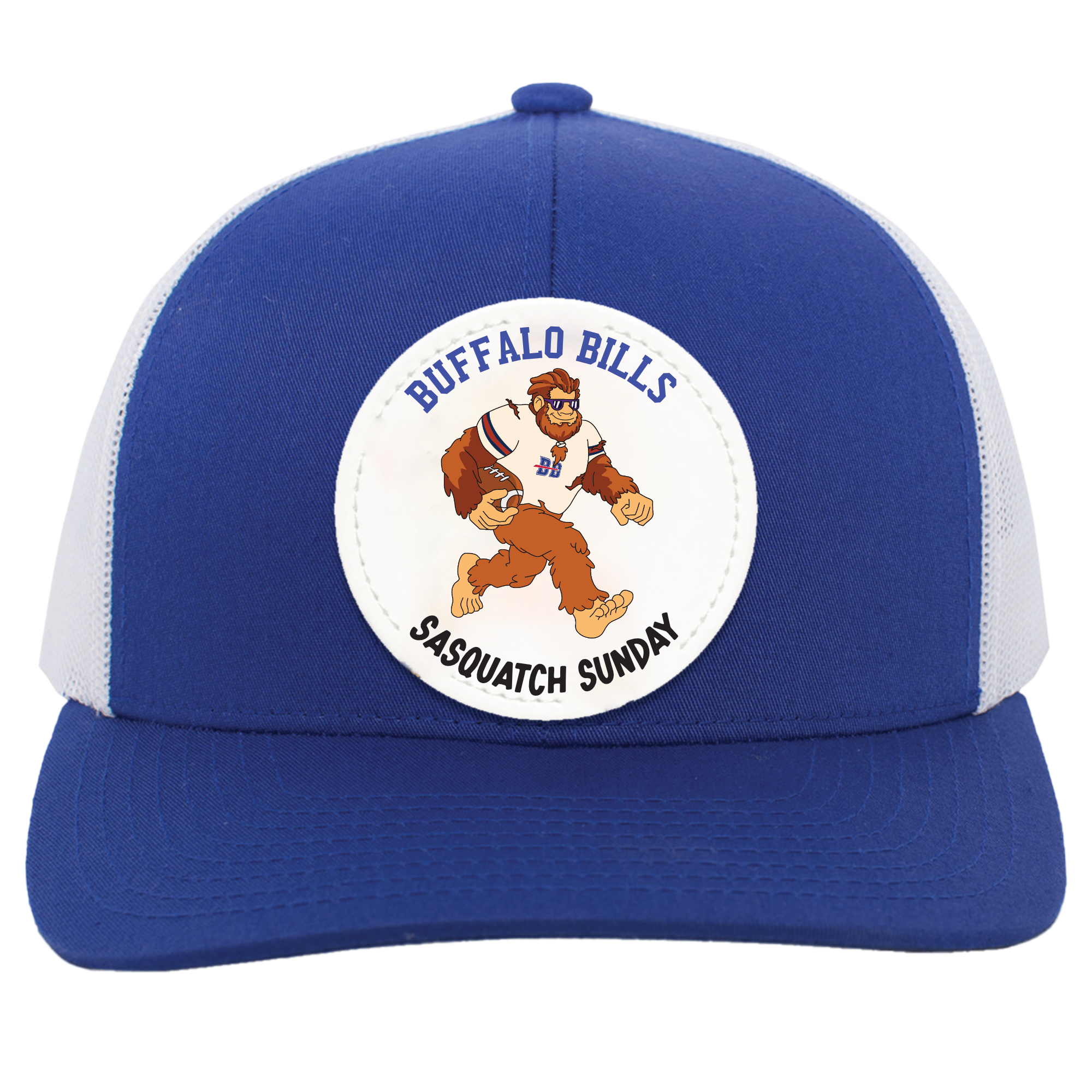 Buffalo Bills royal blue and white trucker snap-back Sasquatch Sunday graphic vegan patch