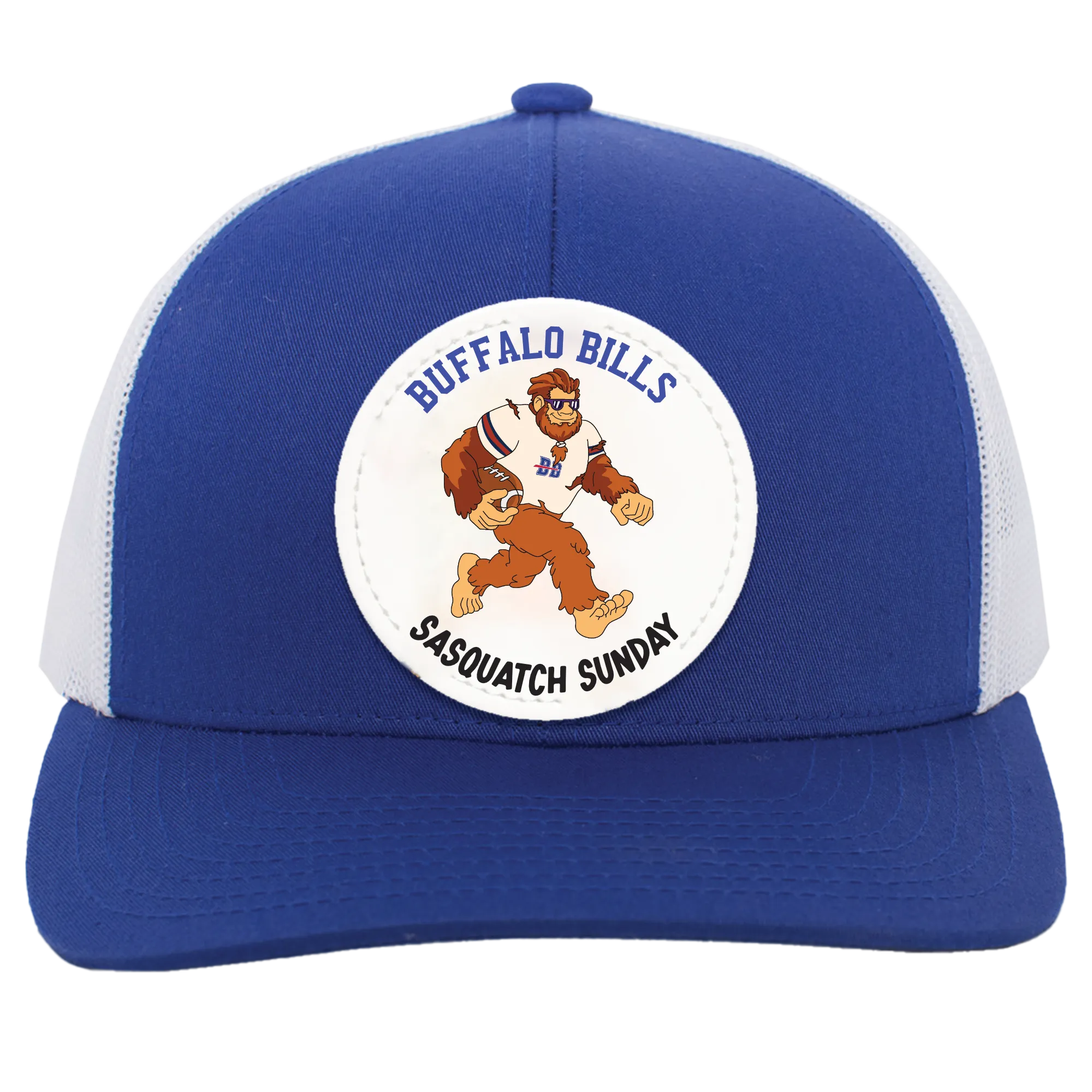 Buffalo Bills royal blue and white trucker snap-back Sasquatch Sunday graphic vegan patch