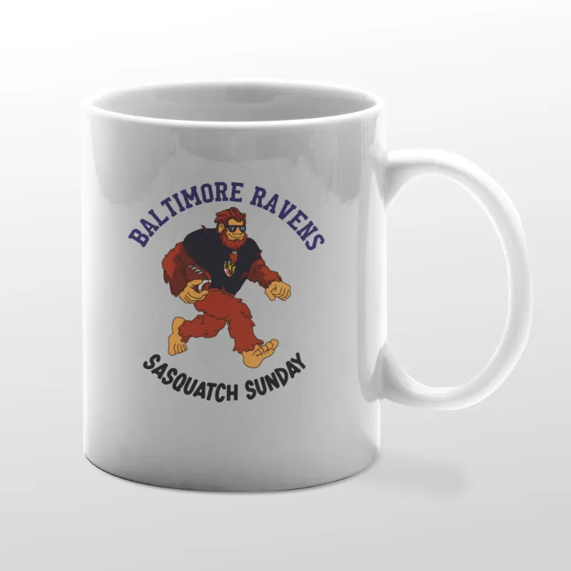 Black mug with Bigfoot birdwatching graphic