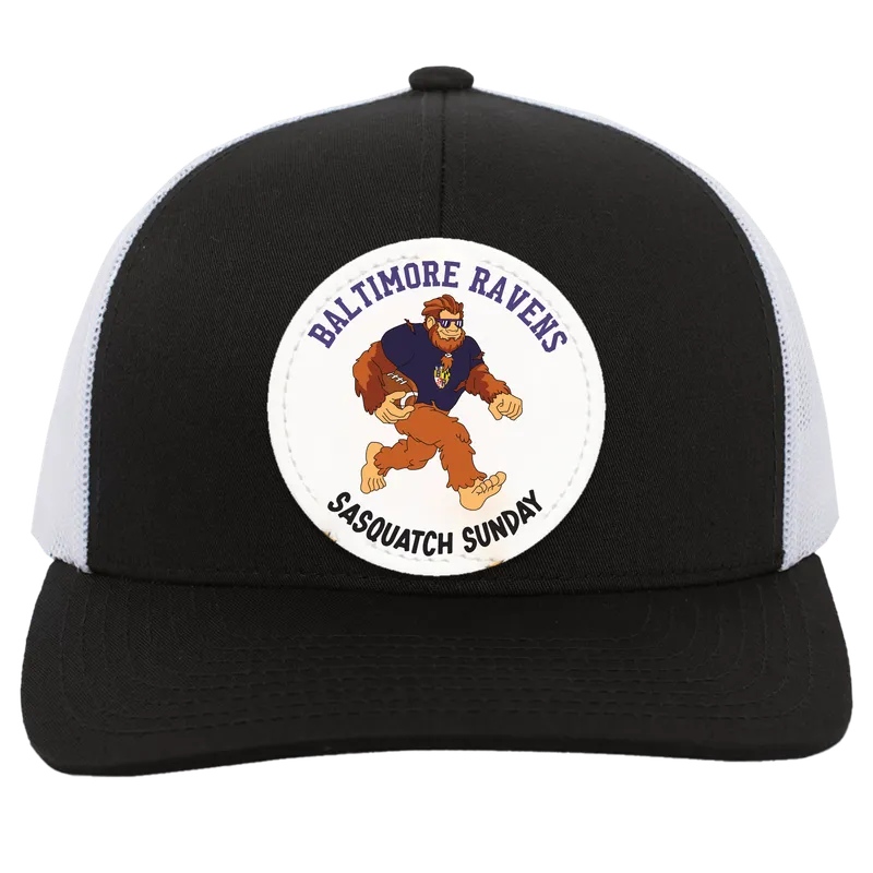 Baltimore Ravens black and white trucker snap-back Sasquatch Sunday graphic vegan patch