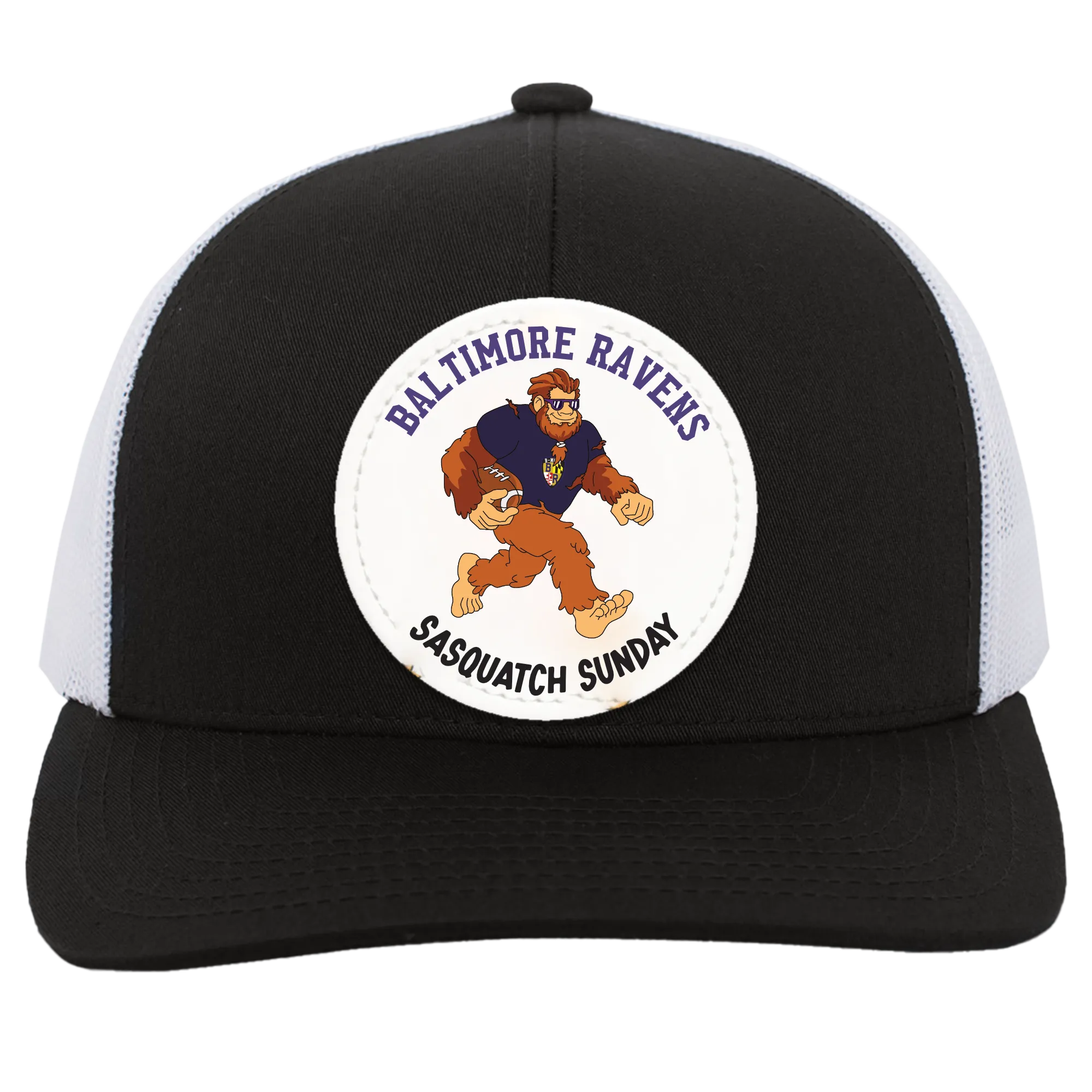 Baltimore Ravens black and white trucker snap-back Sasquatch Sunday graphic vegan patch