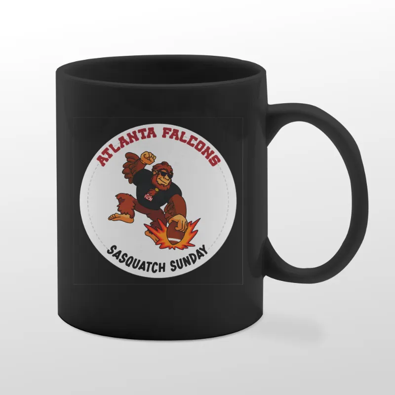 Black mug with Bigfoot birdwatching graphic