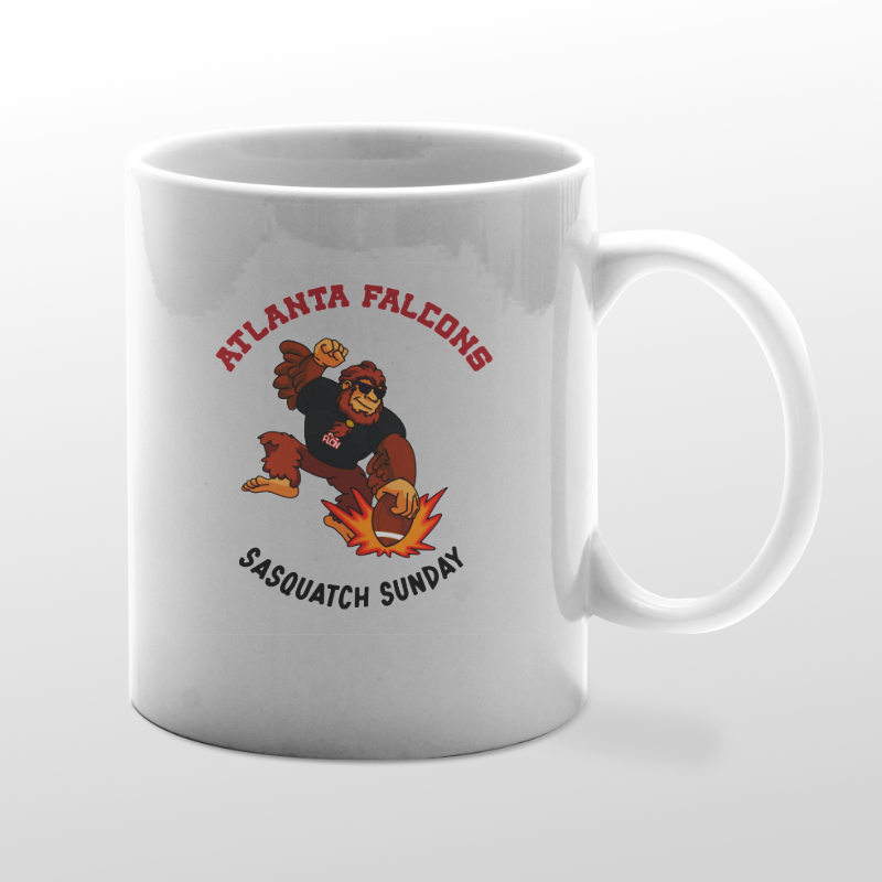 White mug with Bigfoot birdwatching graphic