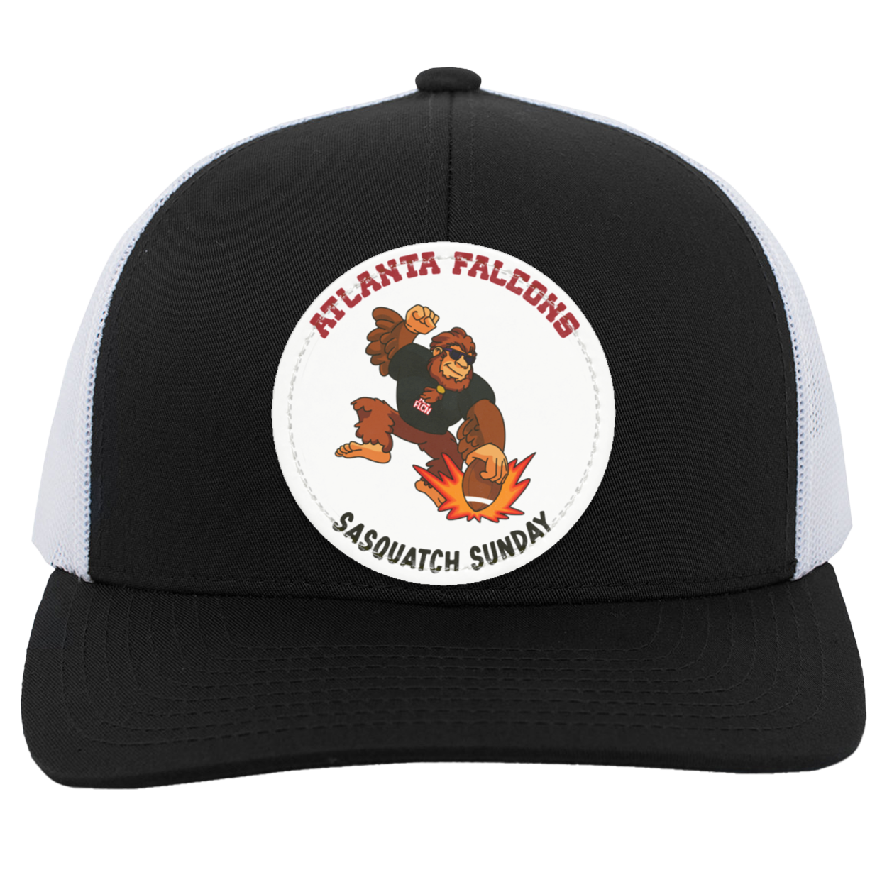 Atlanta Falcons black and white trucker snap-back Sasquatch Sunday graphic vegan patch