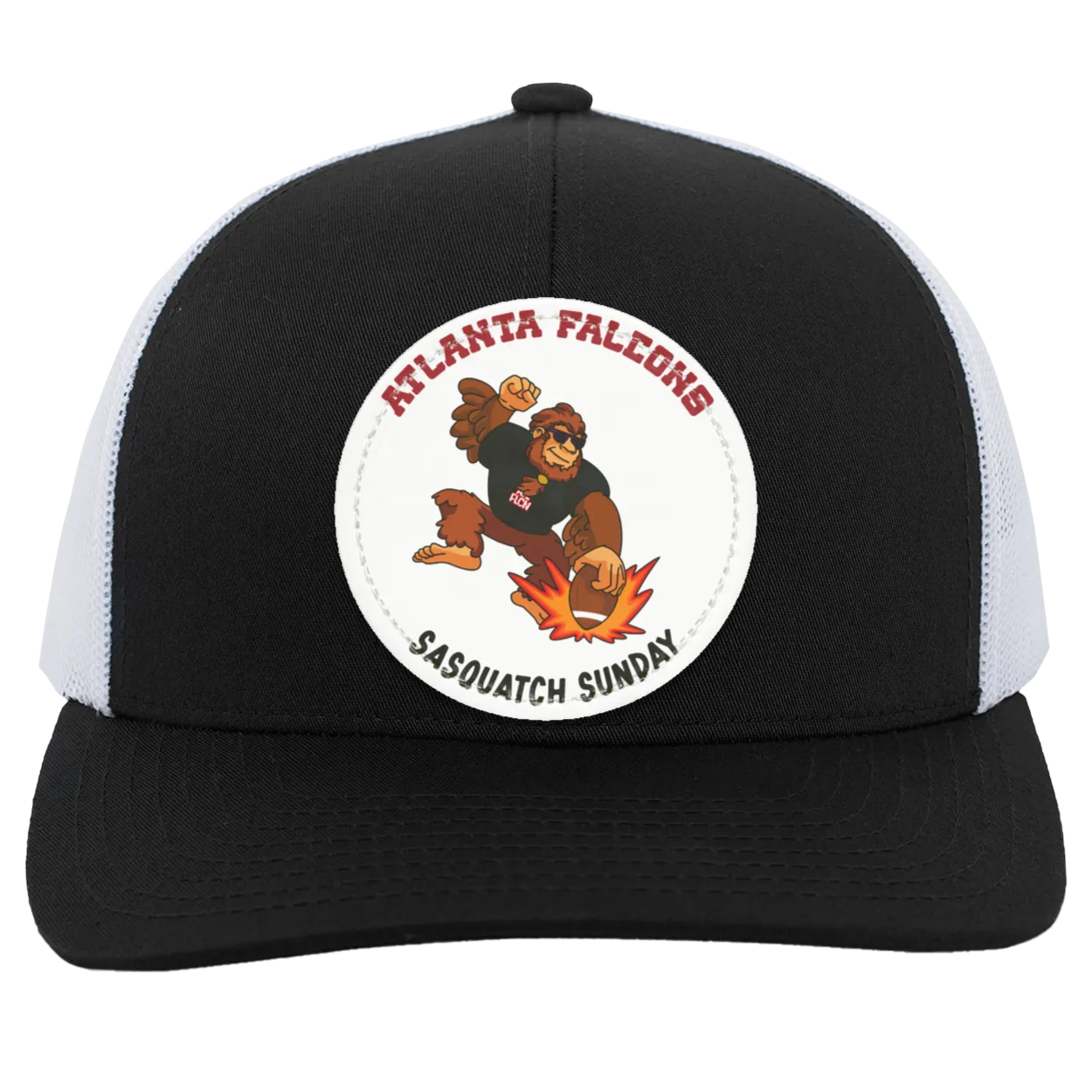 Atlanta Falcons black and white trucker snap-back Sasquatch Sunday graphic vegan patch