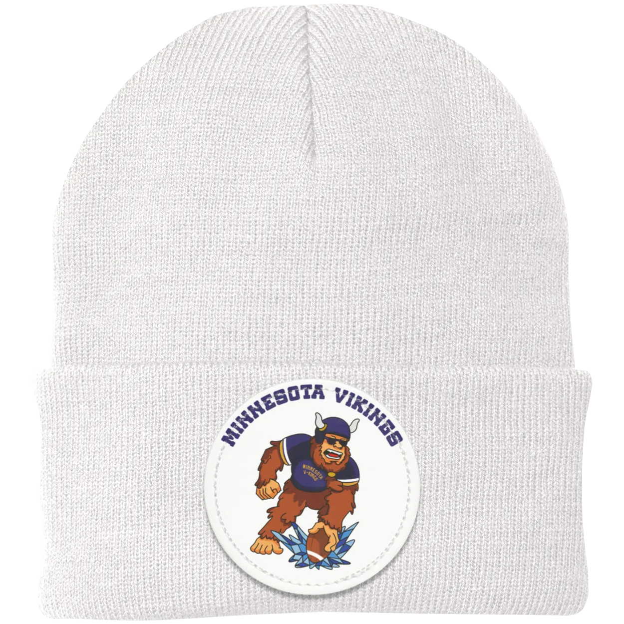 Minnesota Vikings white knit beanie Sasquatch Sunday graphic