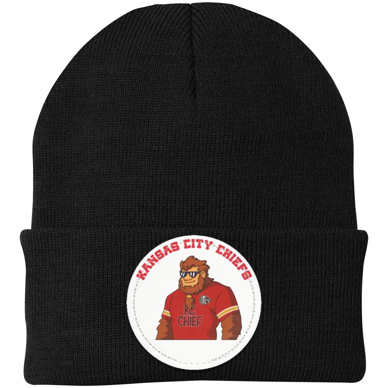 Kansas City Chiefs black knit beanie Sasquatch Sunday graphic