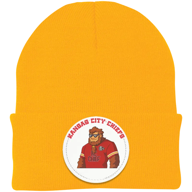 Kansas City Chiefs gold knit beanie Sasquatch Sunday graphic