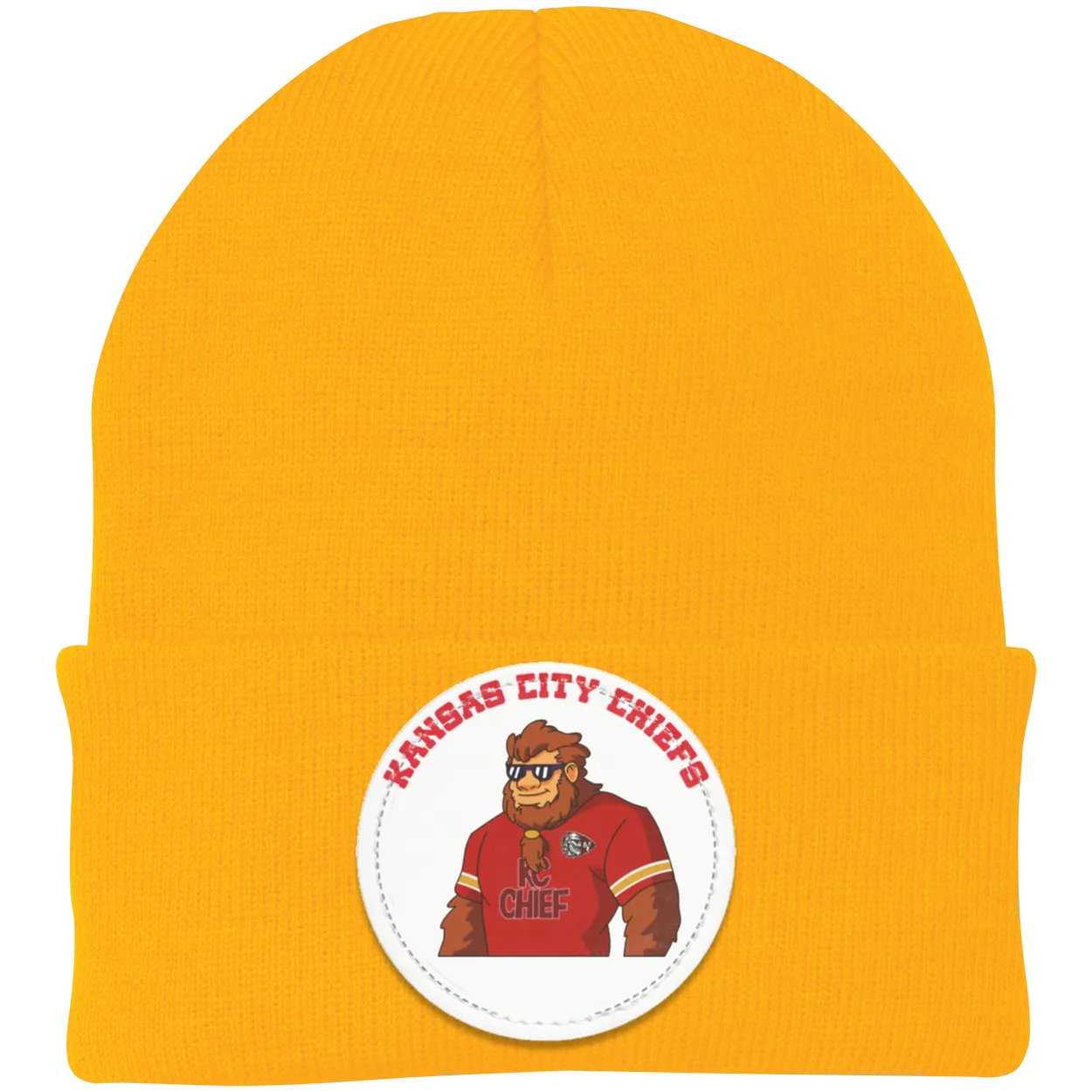 Kansas City Chiefs gold knit beanie Sasquatch Sunday graphic