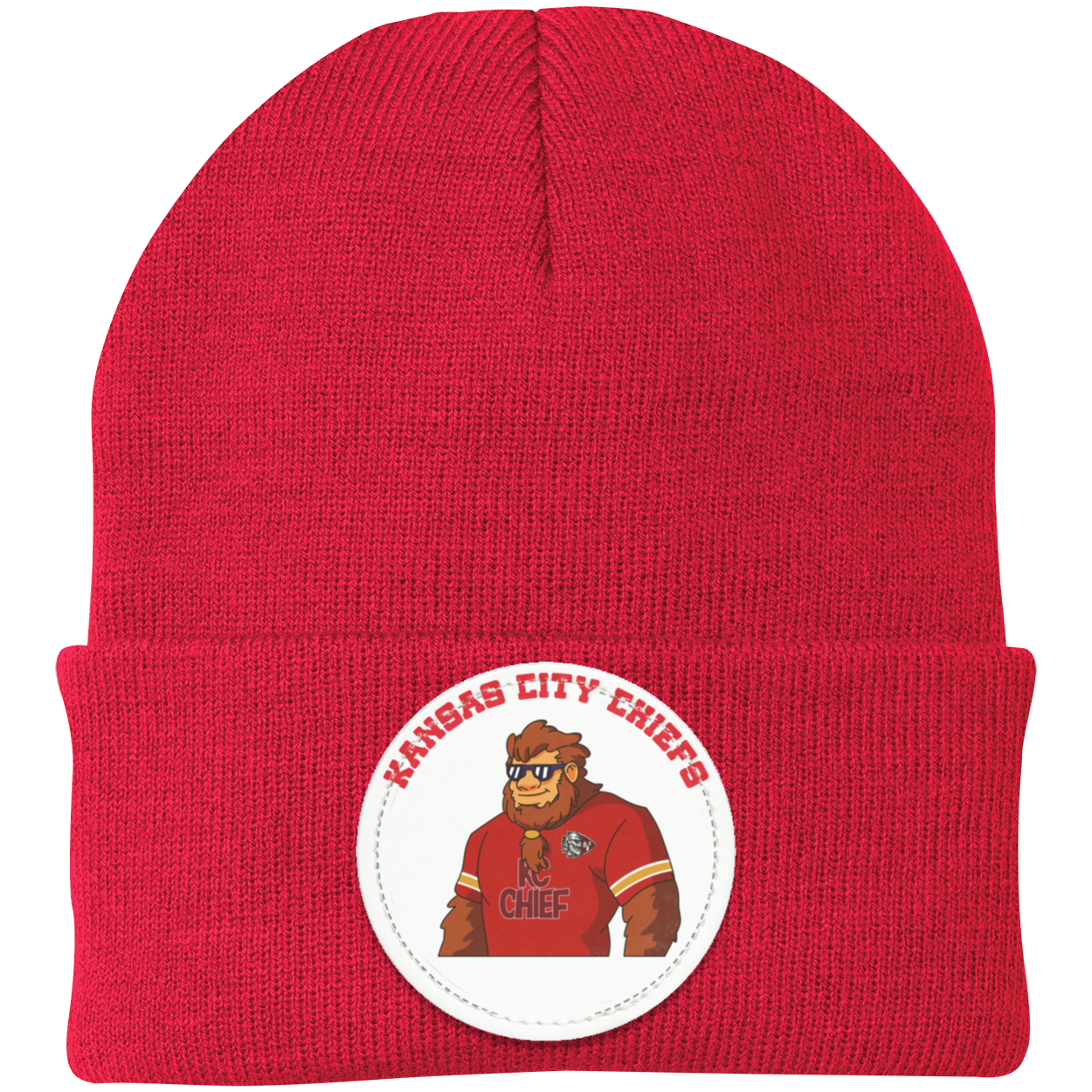 Kansas City Chiefs red knit beanie Sasquatch Sunday graphic