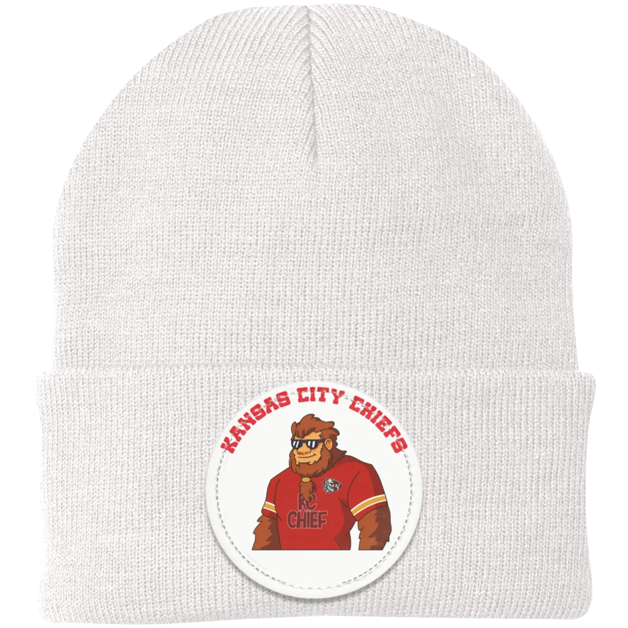 Kansas City Chiefs white knit beanie Sasquatch Sunday graphic