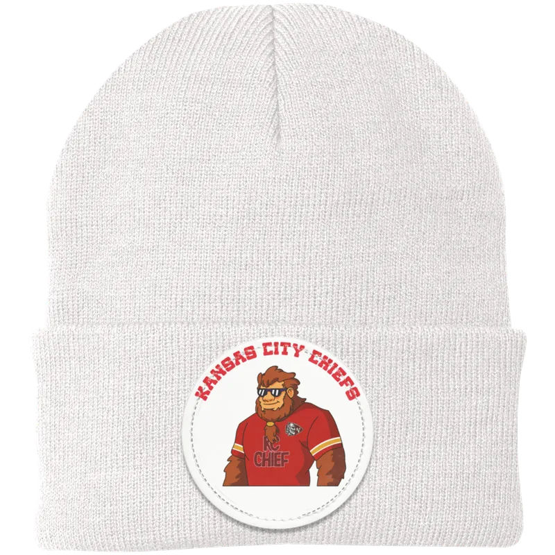 Kansas City Chiefs white knit beanie Sasquatch Sunday graphic