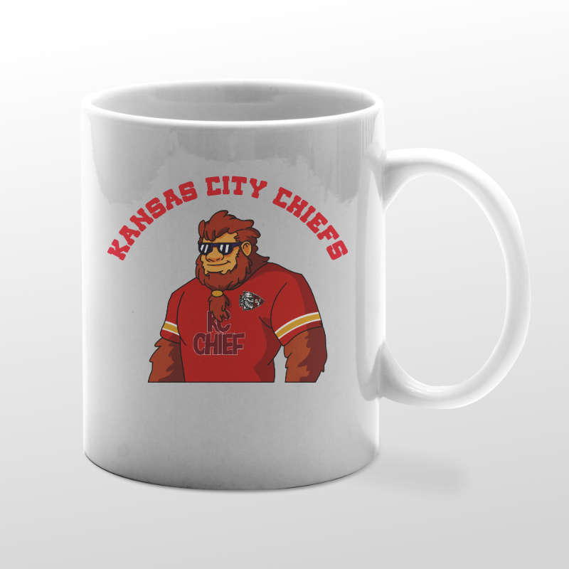 White mug with Chiefs Bigfoot graphic