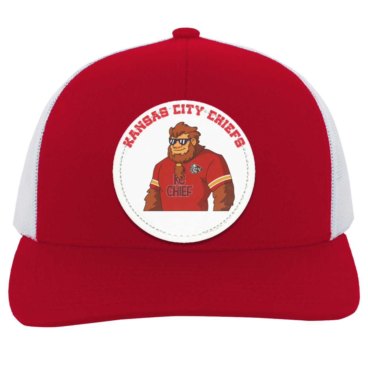 Kansas City Chiefs red and white trucker snap-back Sasquatch Sunday graphic vegan patch