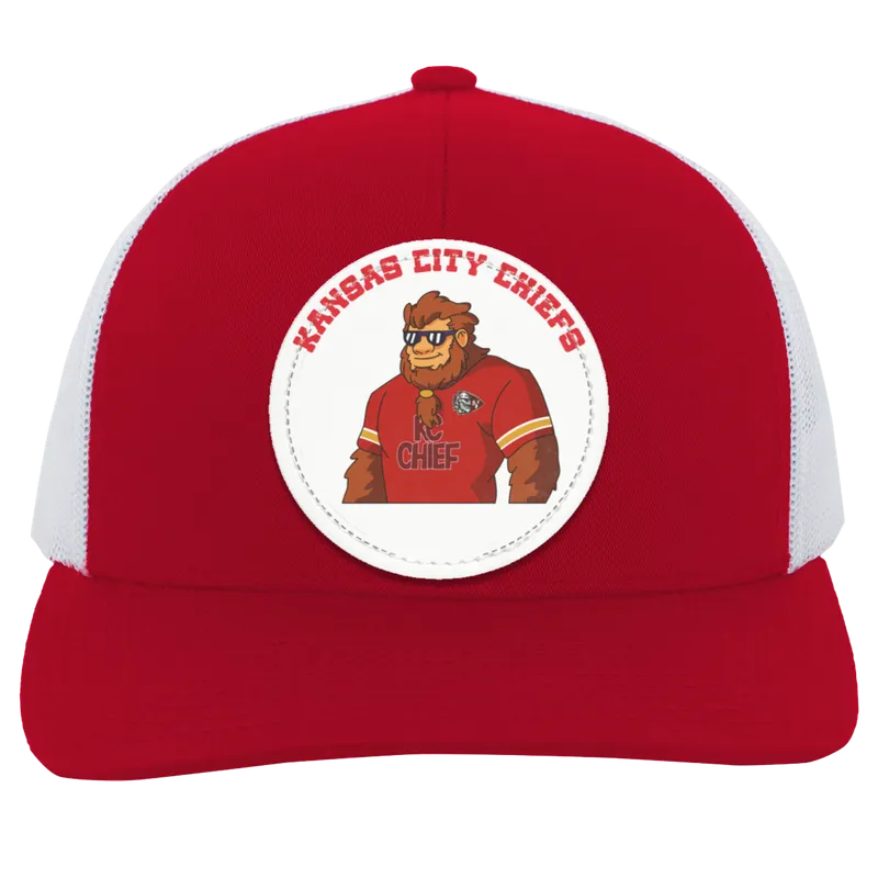 Kansas City Chiefs red and white trucker snap-back Sasquatch Sunday graphic vegan patch