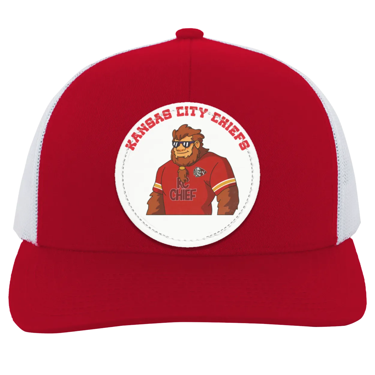 Kansas City Chiefs red and white trucker snap-back Sasquatch Sunday graphic vegan patch