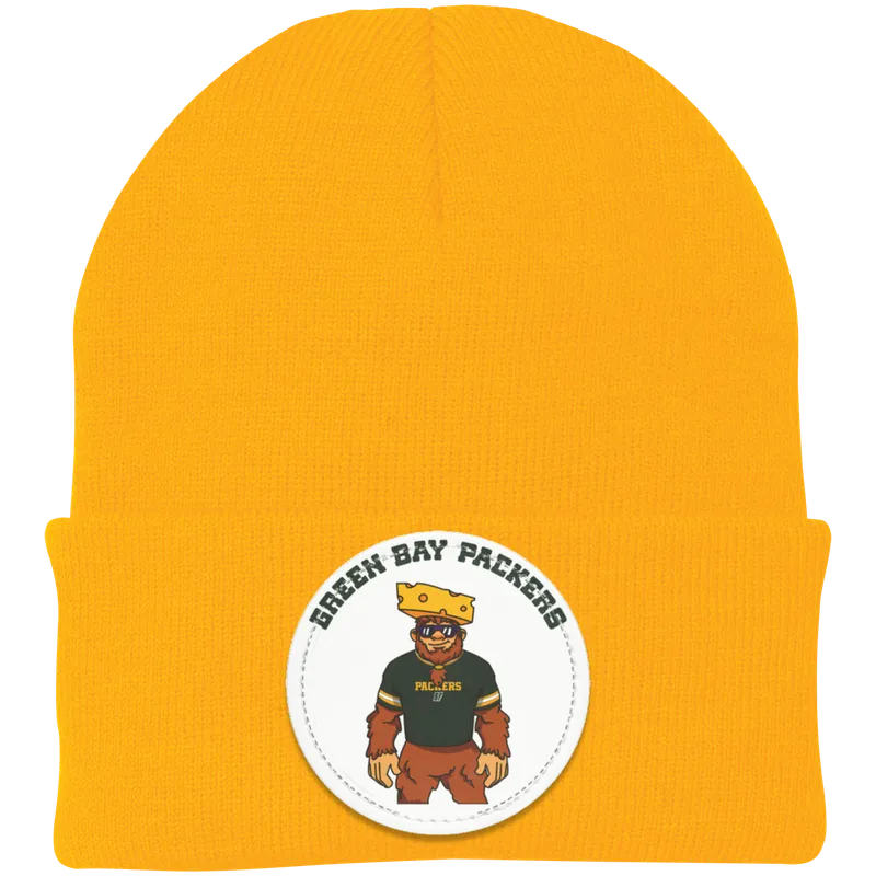Green Bay Packers gold knit beanie Sasquatch Sunday graphic
