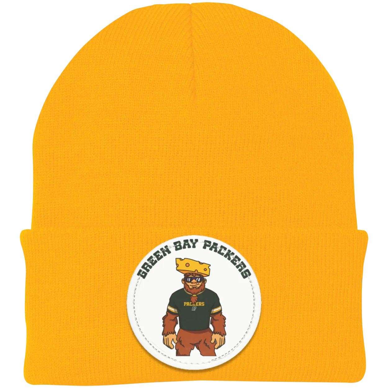 Green Bay Packers gold knit beanie Sasquatch Sunday graphic
