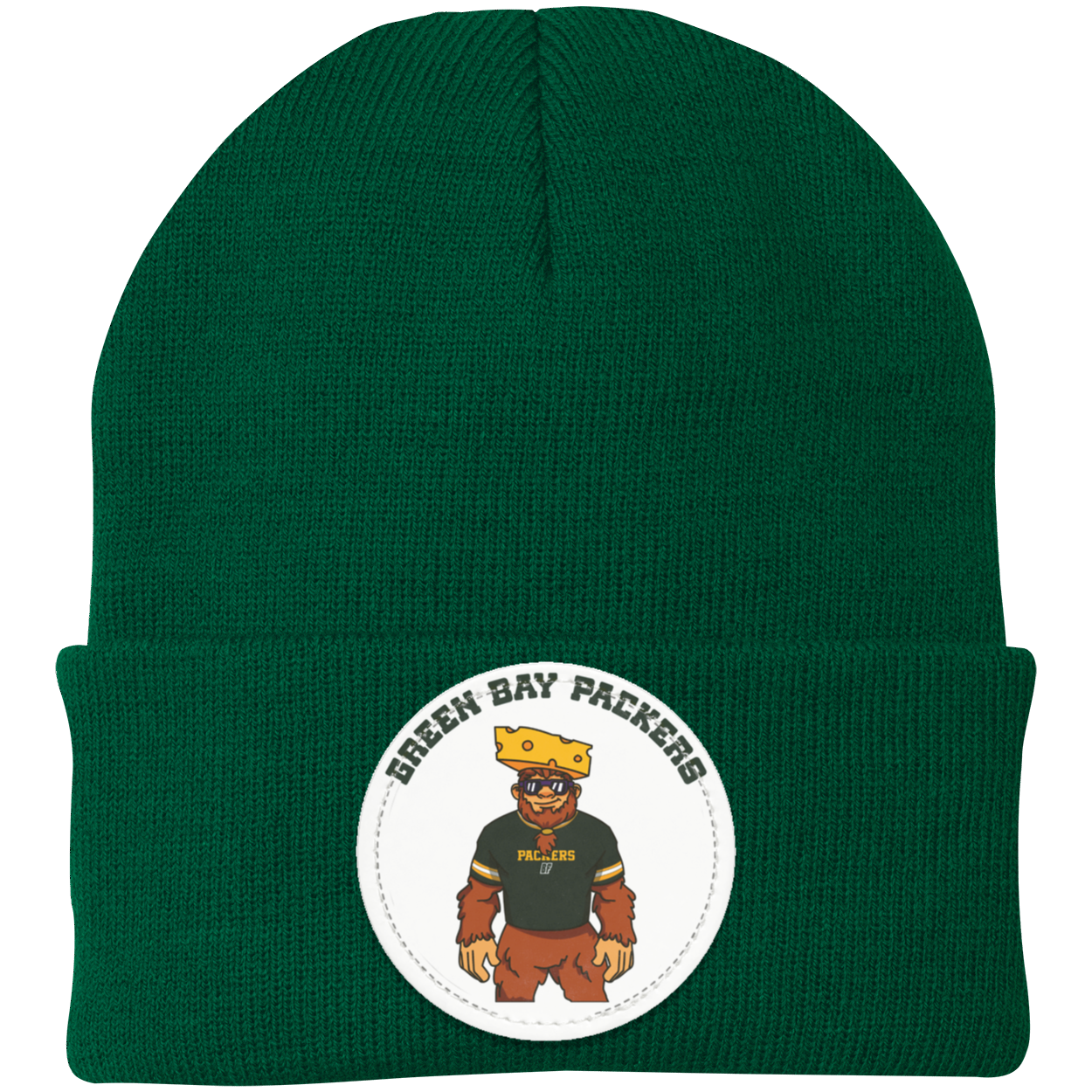 Green Bay Packers green knit beanie Sasquatch Sunday graphic