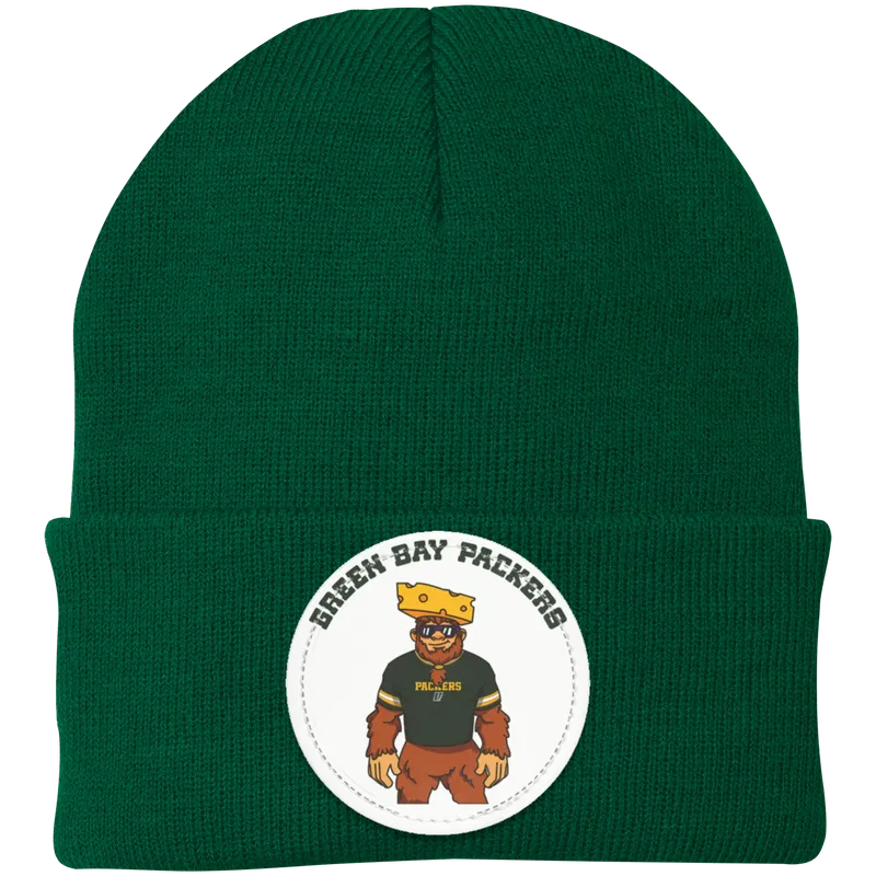 Green Bay Packers green knit beanie Sasquatch Sunday graphic