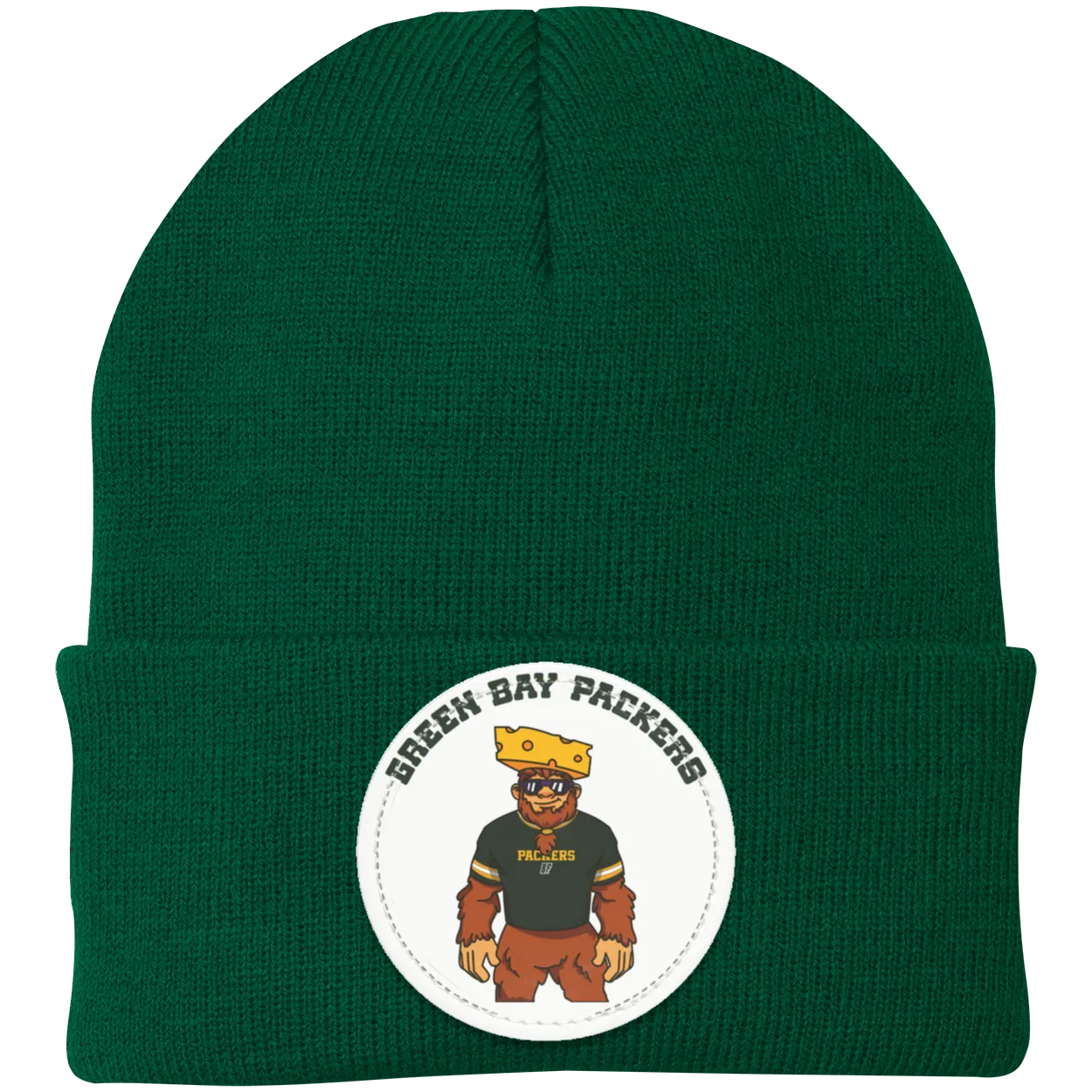 Green Bay Packers green knit beanie Sasquatch Sunday graphic