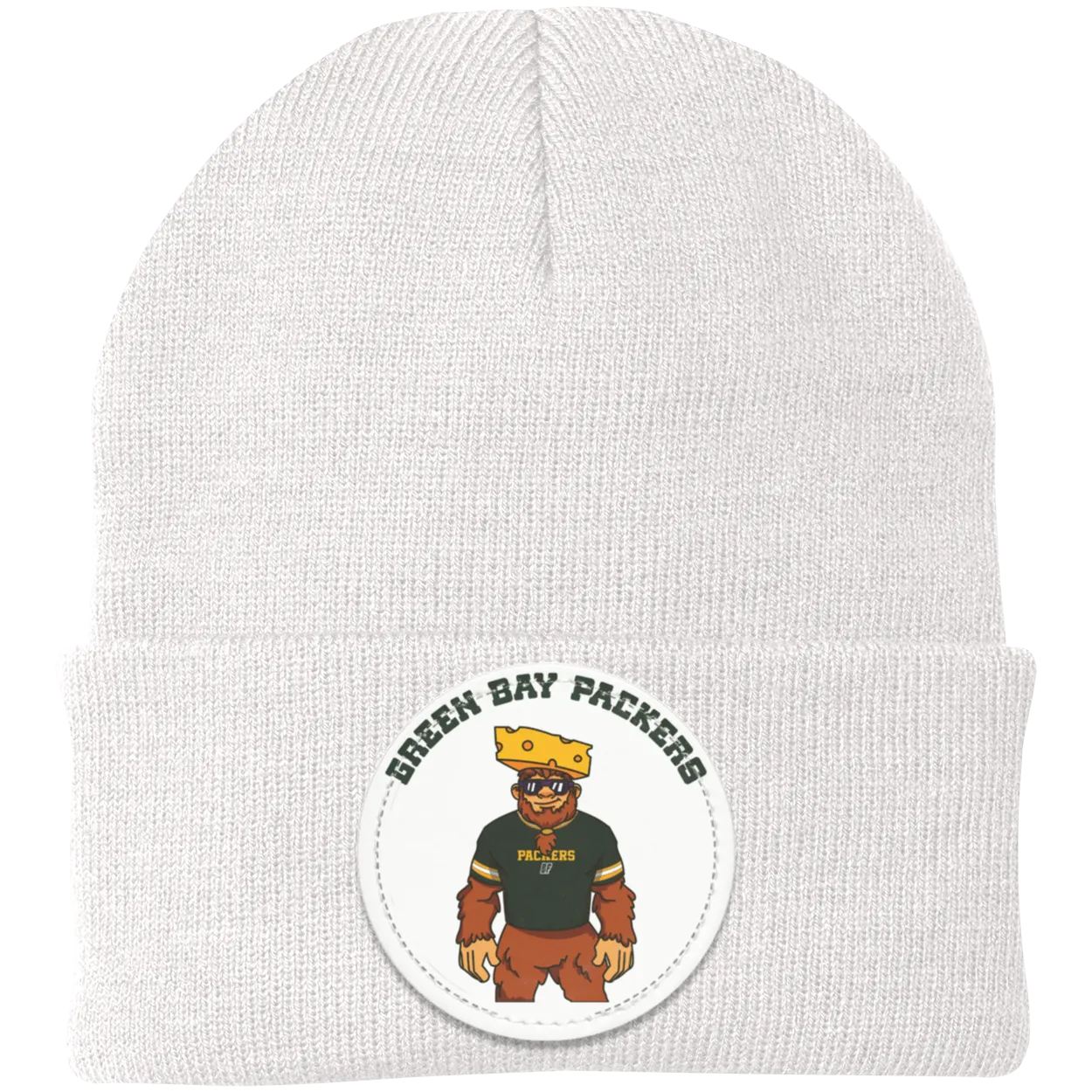 Green Bay Packers white knit beanie Sasquatch Sunday graphic