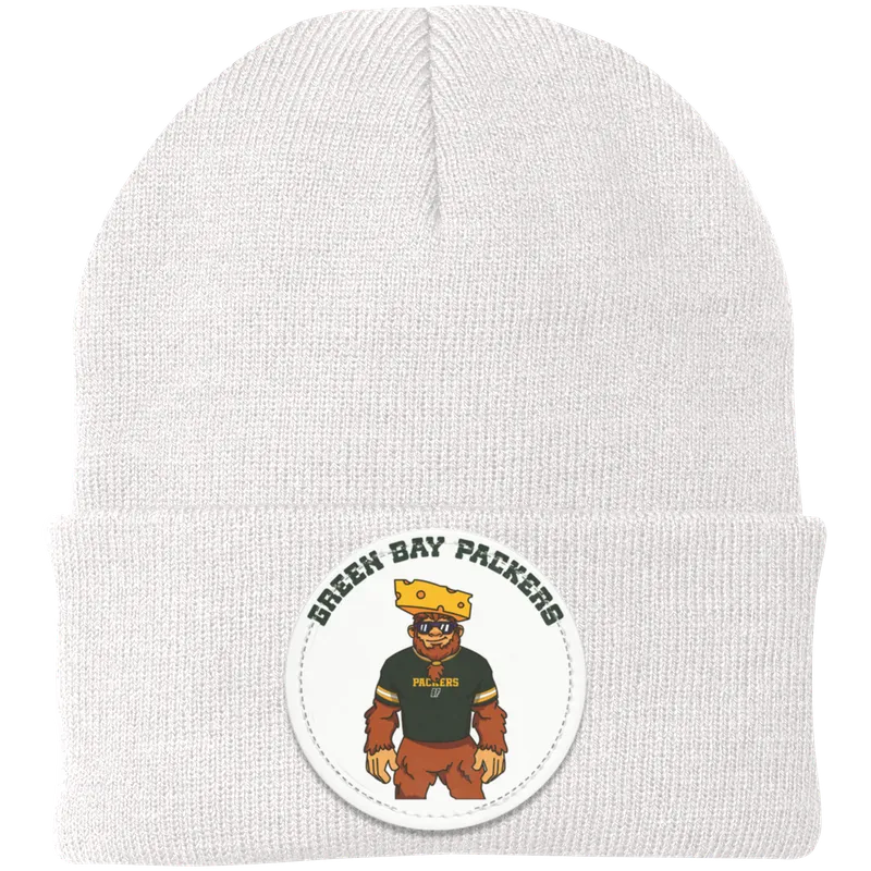 Green Bay Packers white knit beanie Sasquatch Sunday graphic