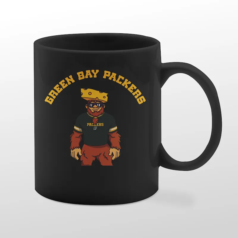 Black mug with Packers Bigfoot graphic