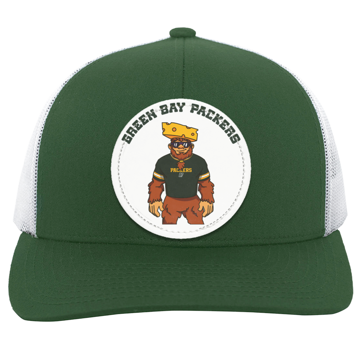 Green Bay Packers green and white trucker snap-back Sasquatch Sunday graphic vegan patch