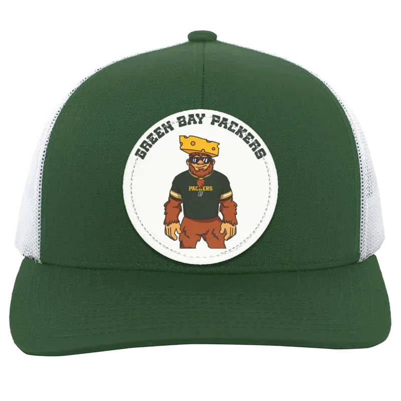 Green Bay Packers green and white trucker snap-back Sasquatch Sunday graphic vegan patch