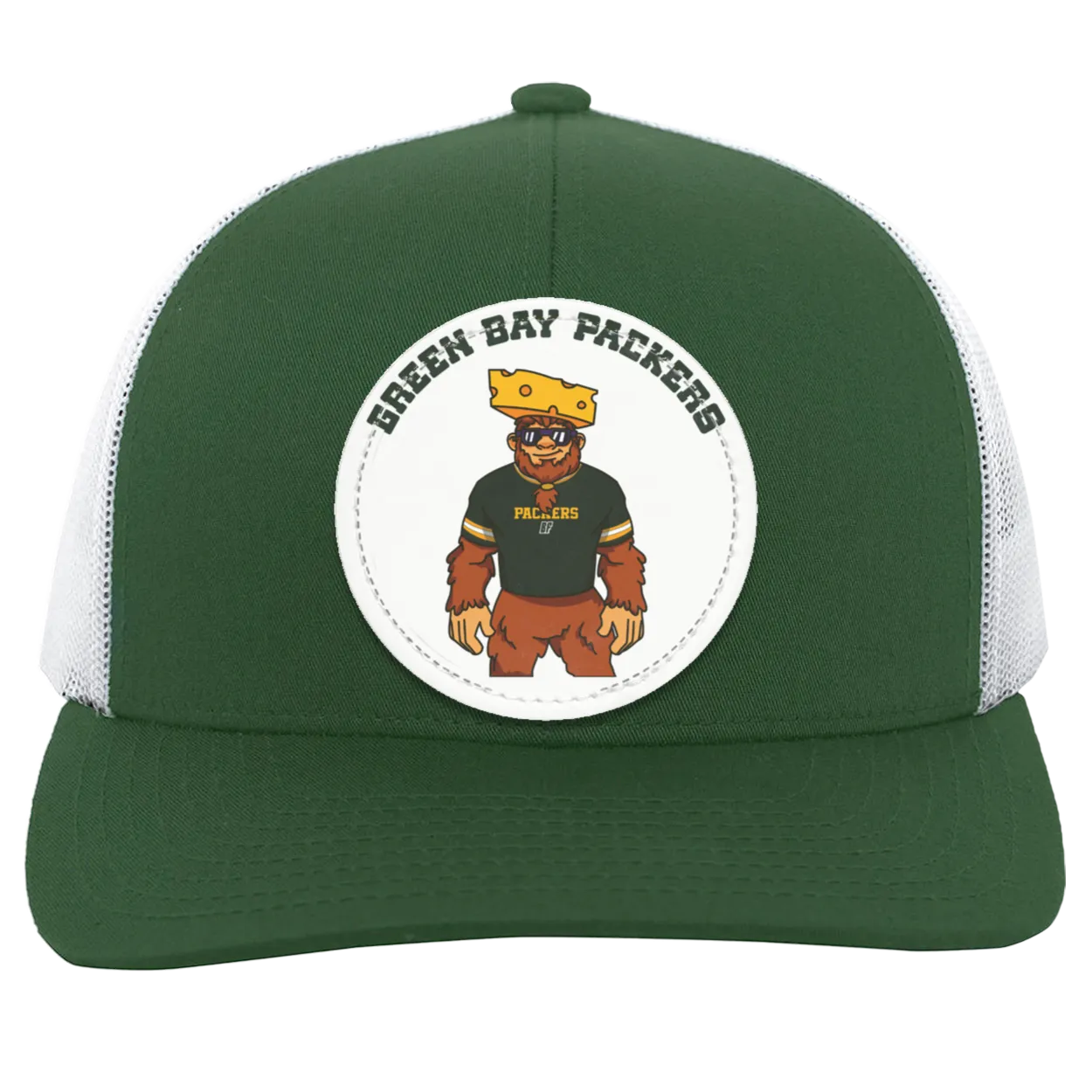 Green Bay Packers green and white trucker snap-back Sasquatch Sunday graphic vegan patch
