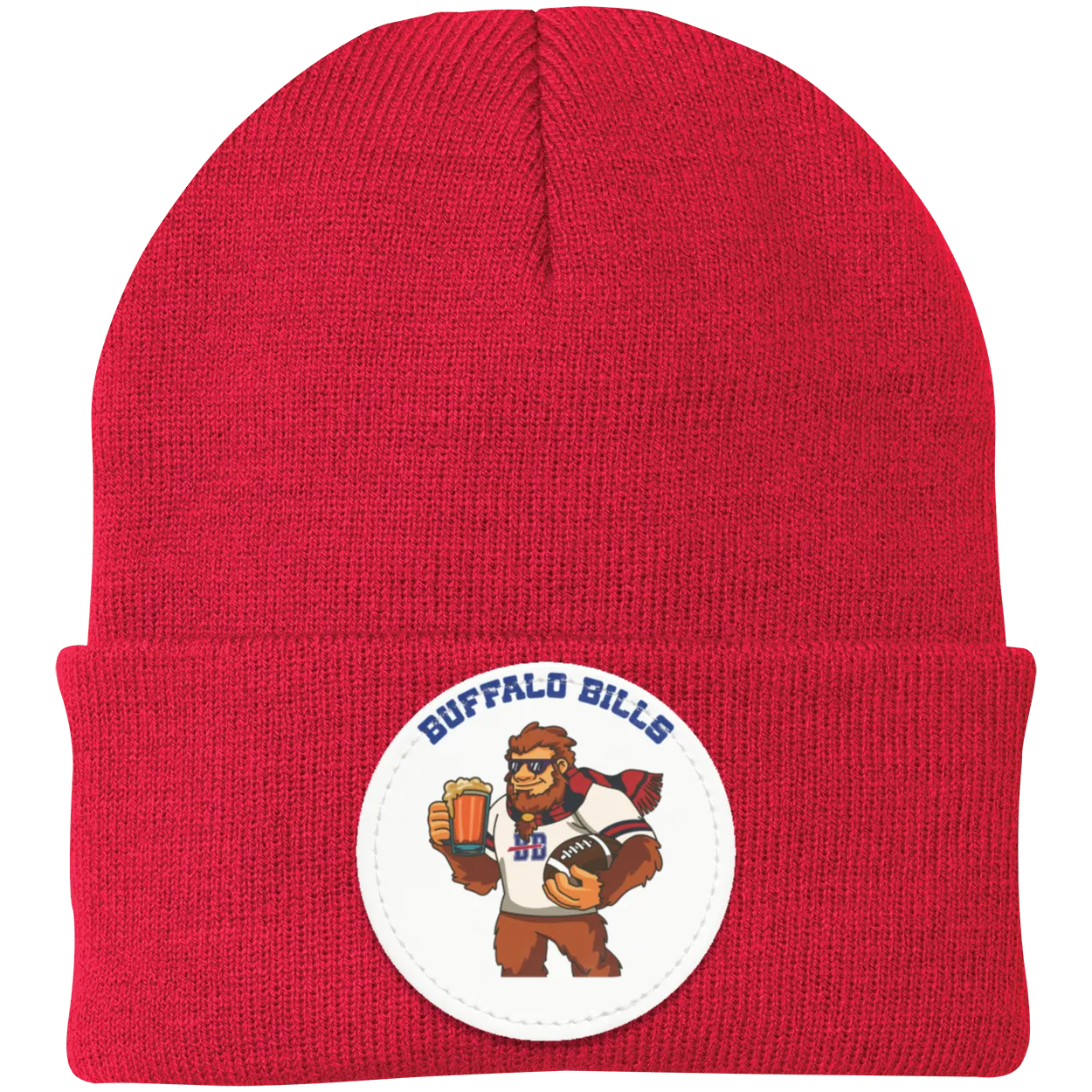 Buffalo Bills red knit beanie Sasquatch Sunday graphic